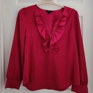 J.crew Long-sleeve ruffle-front top in satin crepe fushia size Medium